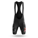 Front view of The Iggles Short Sleeve Cycling Set featuring black bib shorts with a subtle camouflage pattern and Red Bull logo on the right thigh. Sleek, fitted material offers optimal performance when paired with the short sleeve set.