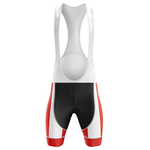 The Denmark Men Short Sleeve Cycling Set’s bib shorts feature white shoulder straps, a black seat area, and red-and-white side and leg panels—ideal for pairing with the matching jersey. Shown on a plain white background.