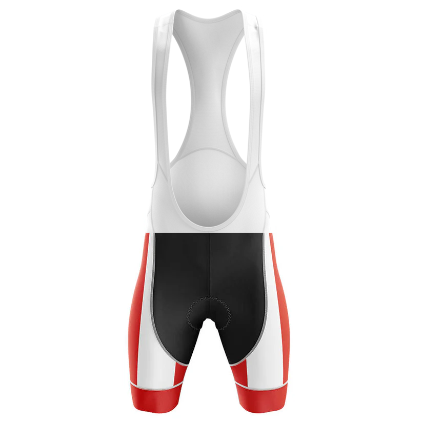 The Denmark Men Short Sleeve Cycling Set’s bib shorts feature white shoulder straps, a black seat area, and red-and-white side and leg panels—ideal for pairing with the matching jersey. Shown on a plain white background.