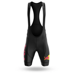 The Red Bull V2 Men Short Sleeve Cycling Set (Copy) includes black bib shorts with shoulder straps, featuring the Red Bull logo on the left leg and “Red Bull” in red on the right side, shown on a white background.