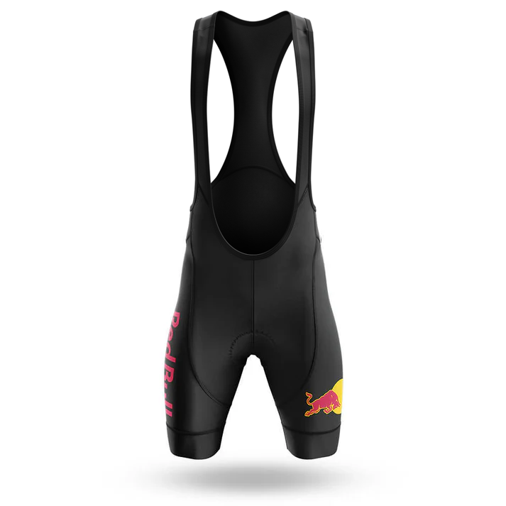 The Red Bull V2 Men Short Sleeve Cycling Set (Copy) includes black bib shorts with shoulder straps, featuring the Red Bull logo on the left leg and “Red Bull” in red on the right side, shown on a white background.
