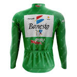 The 1990s Banesto Retro Long Sleeve Cycling Set, made from lightweight polyester, is green with a white Banesto logo on the back and additional PMU, Champion, and Nalin logos. It includes a convenient bottom pocket.