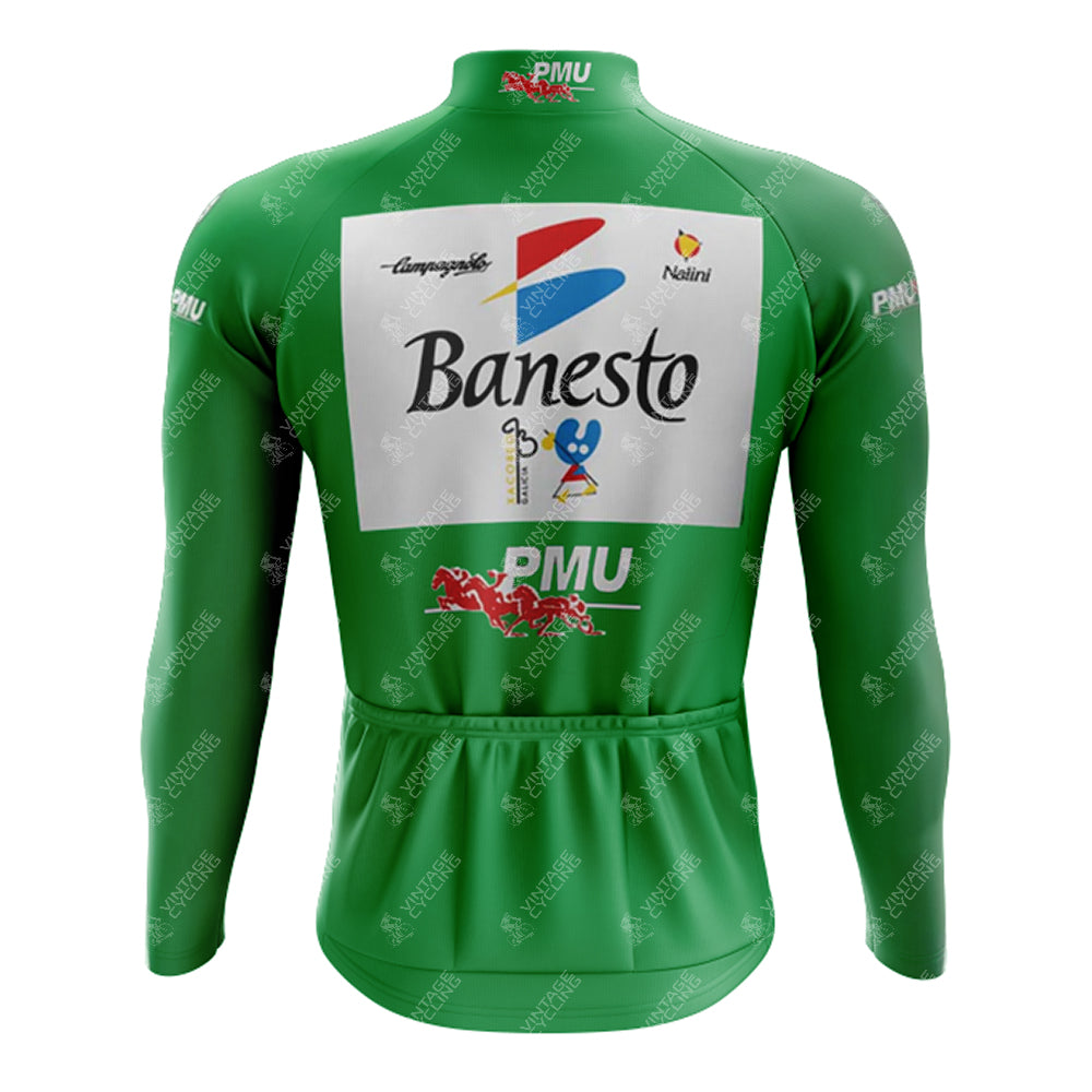 The 1990s Banesto Retro Long Sleeve Cycling Set, made from lightweight polyester, is green with a white Banesto logo on the back and additional PMU, Champion, and Nalin logos. It includes a convenient bottom pocket.