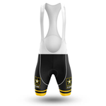 The I Like Beer Men Short Sleeve Cycling Set features black cycling bib shorts with white straps, yellow trim, and yellow-accented U.S. Army logos above each knee. The kit is moisture-wicking for comfort on every ride.