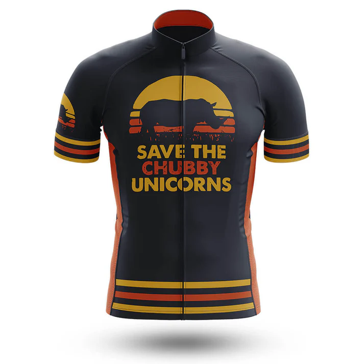 The Old Man WITHA BICYCLE Short Sleeve Cycling Set is a black customizable cycling jersey with orange stripes, a sunset rhinoceros graphic, and "SAVE THE CHUBBY UNICORNS" text—ideal for unique cycling style fans.