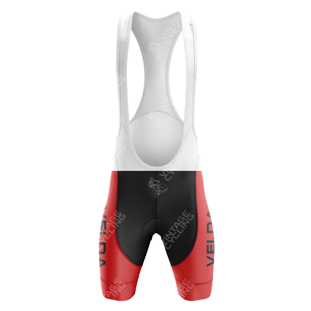 Experience a vintage vibe with these cycling bib shorts in black and red. The red lower sections and vertical VELDA on the black midsection, paired with contrasting white upper straps, perfectly enhance your Z Vetements Enfants Retro Short Sleeve Cycling Set.