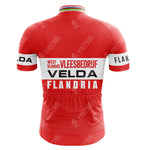 The Z Vetements Enfants Retro Short Sleeve Cycling Set features a red and white jersey with VEELDA, FLANDRIA, and VLEESBEDRIJF on the back, complemented by a rainbow-striped collar for added vintage charm.