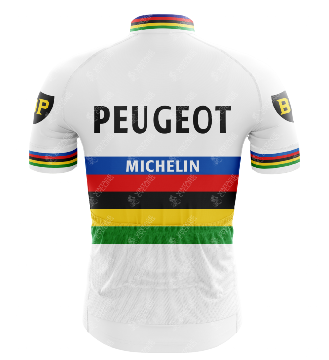 Rear view of the Peugeot BP Michelin Retro Cycling Jersey with rainbow stripes, featuring bold PEUGEOT and MICHELIN on the back, and striking BP patches on black sleeves.