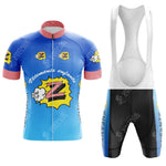 The VELDA LATINA Retro Short Sleeve Cycling Set includes a blue and pink comic-style jersey and matching black bib shorts, featuring playful, colorful motifs and bold patterns.