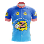 The VELDA LATINA Retro Short Sleeve Cycling Set features a blue jersey with red sleeves, comic-style graphics, and Vêtements enfonction and Z in yellow explosions, complete with a front zipper—ideal for enhancing any cycling ensemble.