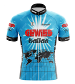 The Gewiss-Ballan Retro Cycling Jersey showcases a bold black and white globe design, sponsor logos in vivid red, and black side panels. Crafted from lightweight polyester, it exudes vintage charm with a short front zipper for enhanced comfort.