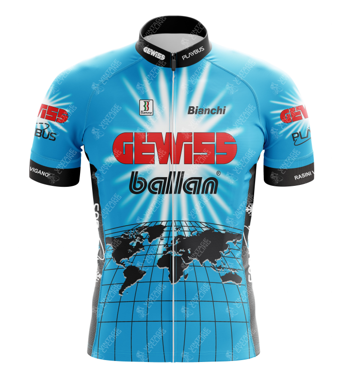 The Gewiss-Ballan Retro Cycling Jersey showcases a bold black and white globe design, sponsor logos in vivid red, and black side panels. Crafted from lightweight polyester, it exudes vintage charm with a short front zipper for enhanced comfort.