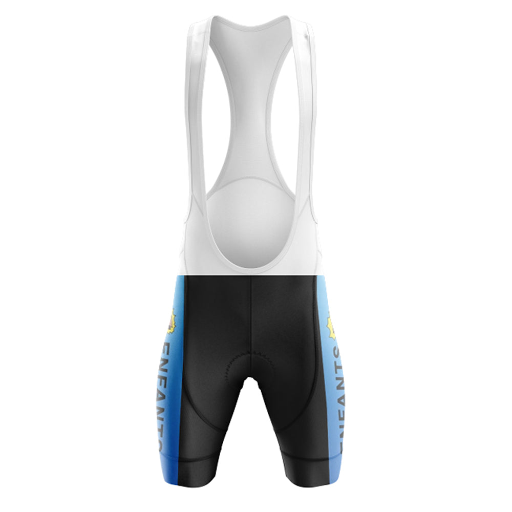 The VELDA LATINA Retro Short Sleeve Cycling Set includes bib shorts with a white top, black shorts, and blue side panels. ENFANTS decorates the sides alongside a yellow emblem. Complete with shoulder straps and padding details, this vintage ensemble offers timeless style.