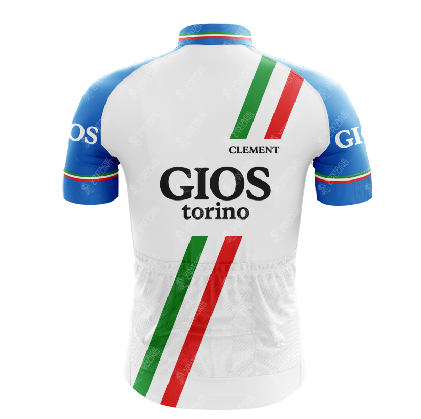 The Gios Torino Retro Cycling Jersey features GIOS torino on a white background with blue sleeves and green and red diagonal stripes, topped by CLEMENT, evoking the charm of vintage steel-framed bicycles.
