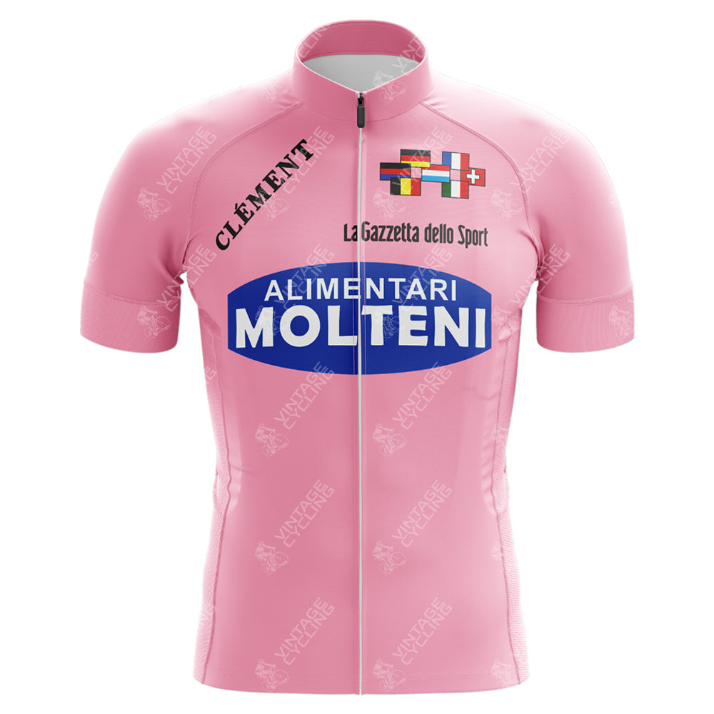 The Molteni Alimentari Retro Cycling Jersey in lightweight polyester features a collar, front zipper, and displays Clément, La Gazzetta dello Sport, and Alimentari Molteni text. It includes a logo with a stylized cyclist and flags for classic appeal.