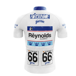 The image shows the back of a white cycling jersey with blue accents, featuring Reynolds Aluminium, the number 66, and logos for Paris-Nice and Perrier, reminiscent of Reynolds Aluminio Retro Cycling Jerseys from Tour de France history.