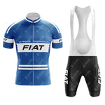 A blue and white Motorola Retro Short Sleeve Cycling Set includes a jersey with Motorola and LA FRANCE CAMPAGNOLO text, plus matching black bib shorts featuring the Motorola logo on the left leg—ideal for fans of classic cycling style.