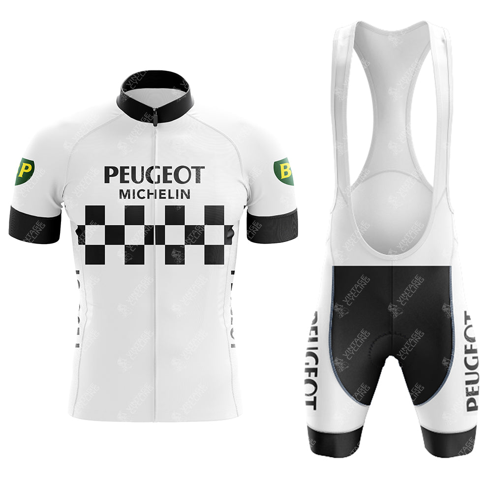 Vintage cycling enthusiasts will love the Peugeot Black White Retro Short Sleeve Cycling Set, featuring a jersey with Peugeot and Michelin text, a black and white checkered pattern, BP logo sleeves, and matching shorts with Peugeot text along the side.
