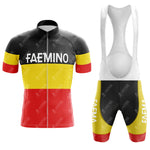 Introducing the FAEMINO Retro Short Sleeve Cycling Set, complete with a black, yellow, and red striped jersey and bib shorts. The design prominently features FAEMINO in white, celebrating the classic FAEMA style.