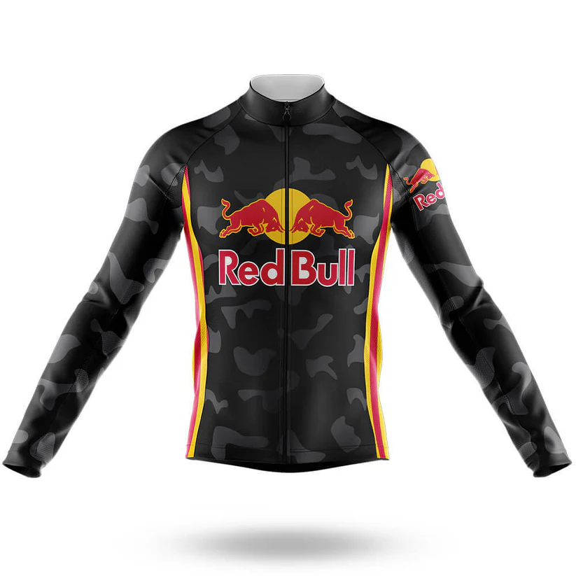 The Iggles Long Sleeve Cycling Jersey features a black camo pattern with yellow and red side stripes and the Red Bull logo in red and yellow on the chest and left sleeve, offering a bold, retro cycling look.