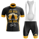 The Turtle Cycling Team Men Short Sleeve Cycling Set features a black and yellow jersey with two beer mugs, a bike, "Don't forget the beer after the ride," Chicago flag details, and bib shorts with a beer mug graphic on the leg.