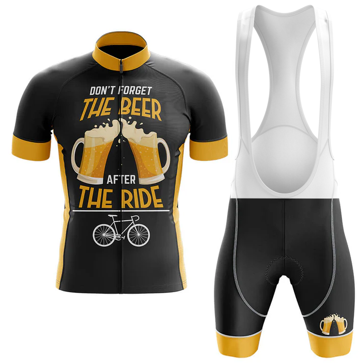 The Turtle Cycling Team Men Short Sleeve Cycling Set features a black and yellow jersey with two beer mugs, a bike, "Don't forget the beer after the ride," Chicago flag details, and bib shorts with a beer mug graphic on the leg.