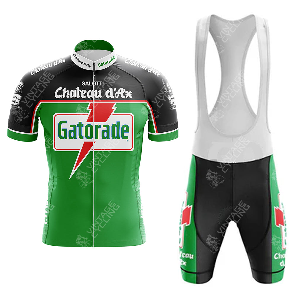The Gatorade Retro Short Sleeve Cycling Set includes a green, black, and white jersey with Gatorade and Chateau dAx logos. The matching shorts come with suspenders and similar branding.
