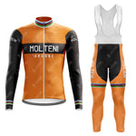 The MOLTENI Retro Long Sleeve Cycling Set, in orange and black, includes a Molteni jersey with a front zipper, multicolored bands, and a silicone waist strip for secure fit. The matching bib tights showcase vibrant leg patterns with an optional fleece for added warmth.