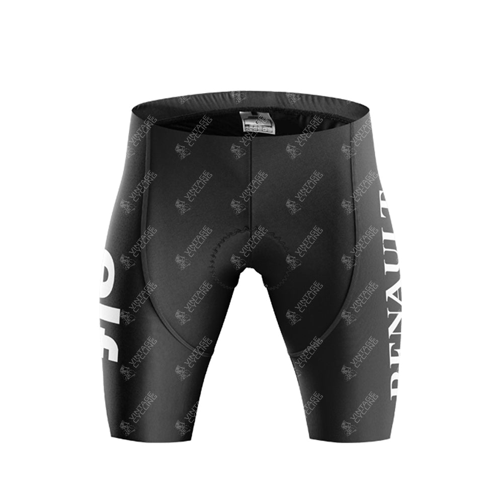 Black cycling shorts with RENAULT ELF GITANE in white vertical text, featuring fabric that subtly shines like a Tour de France retro jersey. The visible stitching outlines the design, part of the Renault Elf Gitane Retro Cycling Jersey Set.