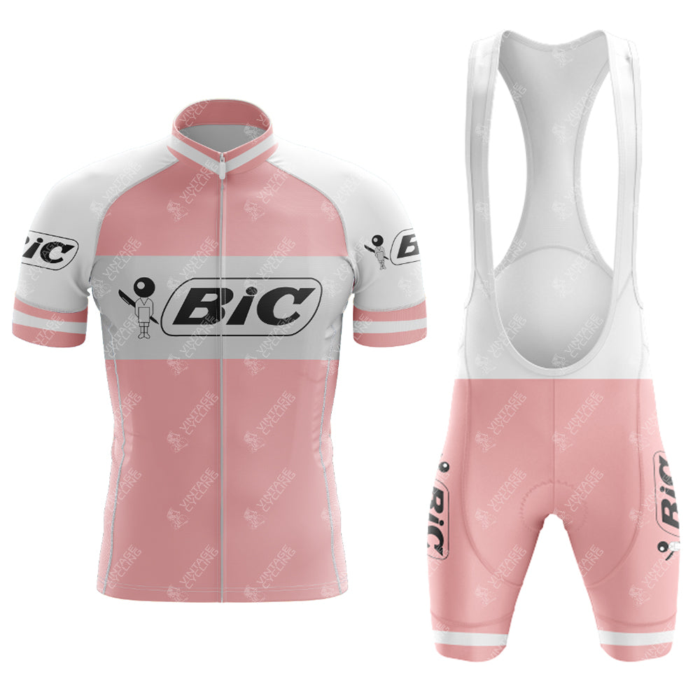 The BIC Pink Retro Short Sleeve Cycling Set features a vintage design with the Bic logo. It includes a jersey with a full front zipper and bib shorts with white shoulder straps, offering a timeless cycling style.