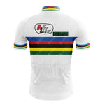 Back view of the Renault Elf Gitane White Retro Short Sleeve Cycling Set featuring a customizable white jersey with horizontal rainbow stripes, colorful sleeve and collar trim, and logos on the upper back.