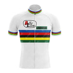 The Renault Elf Gitane White Retro Short Sleeve Cycling Set features rainbow stripes on the chest and sleeves, a zippered front, rainbow collar, and classic logos for a vintage cycling look.