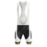 The Renault Elf Gitane White Retro Short Sleeve Cycling Set features white cycling bib shorts with black thighs, Legnano text on each leg, retro rainbow stripes, wide white straps, and pairs perfectly with a customizable jersey.