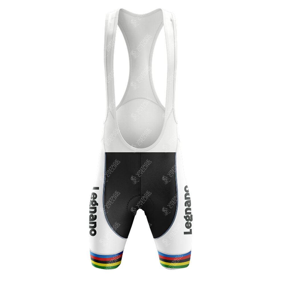 The Renault Elf Gitane White Retro Short Sleeve Cycling Set features white cycling bib shorts with black thighs, Legnano text on each leg, retro rainbow stripes, wide white straps, and pairs perfectly with a customizable jersey.