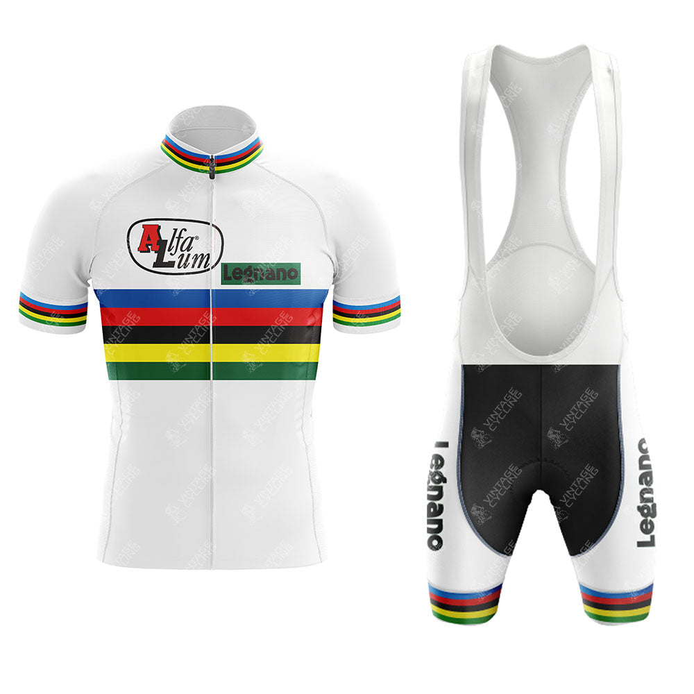 The Renault Elf Gitane White Retro Short Sleeve Cycling Set features a white jersey and bib shorts with rainbow stripes, plus Renault Elf and Gitane logos on the jersey and shorts for an authentic retro cycling style.