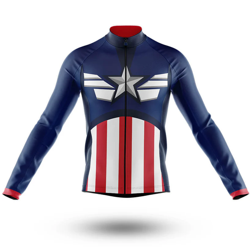 The Packers Long Sleeve Cycling Jersey is a lightweight polyester cycling top inspired by Captain America, featuring a star and white wings on the blue chest, with red, white, and blue stripes plus a red collar and cuffs.