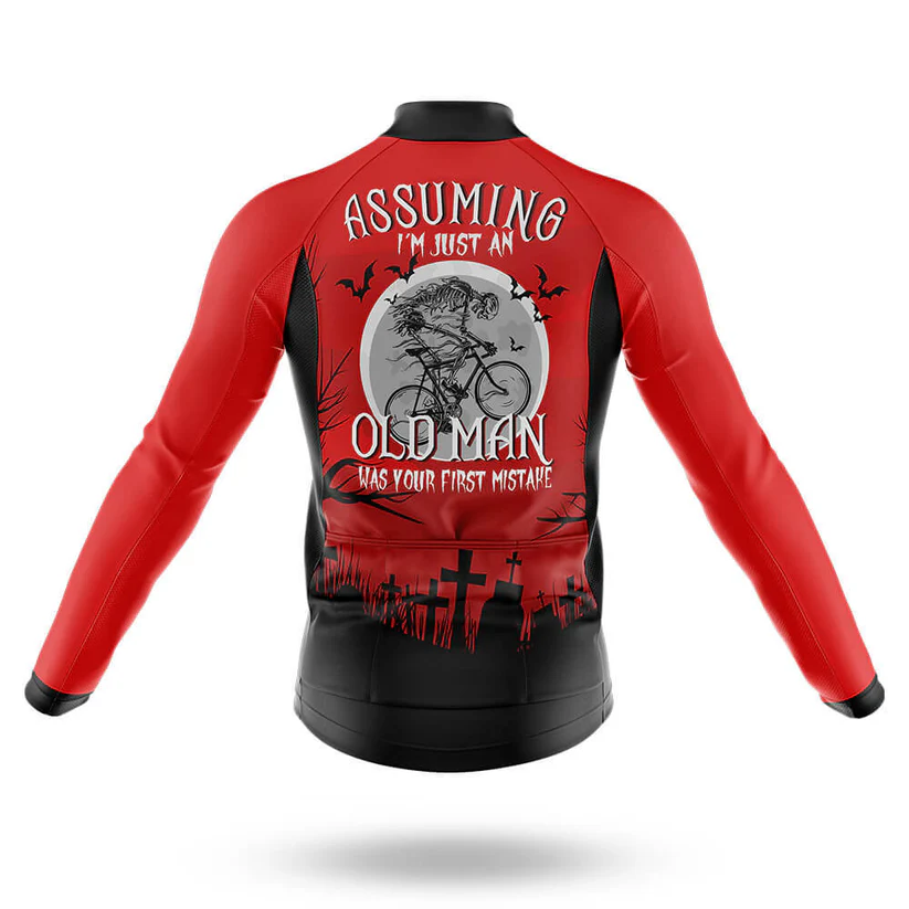 A U.S. Army Camouflage Long Sleeve Cycling Jersey seen from the back, featuring military camo print, long sleeves for extra coverage, and—Assuming I'm just an old man was your first mistake—text.