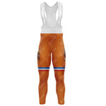The BIC Orange Retro Long Sleeve Cycling Set, available with a fleece option, includes orange bib tights with blue and red stripes in a racerback style and subtle branding. Perfectly paired for comfort and style on every ride.