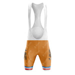 The vintage cycling bib shorts feature a front view in iconic BIC orange with white straps and BIC on the side, complemented by red and blue stripes at the bottom. The smooth, fitted fabric of this BIC Orange Retro Short Sleeve Cycling Set exudes classic retro charm for cycling enthusiasts.