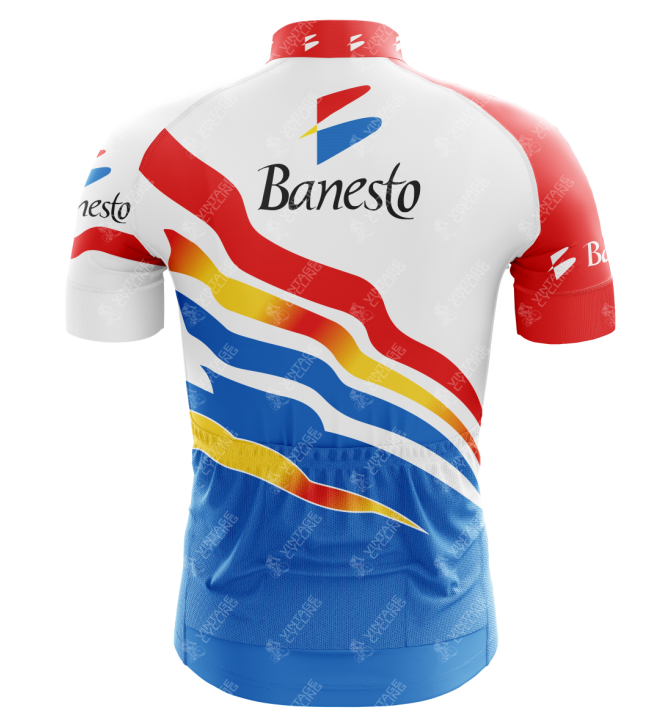 The Banesto Cycling Jersey 1996 Retro features Banesto text with red, blue, yellow, and white diagonal stripes. Ideal for Tour de France fans, it showcases a red shoulder area and blue lower section on the back.