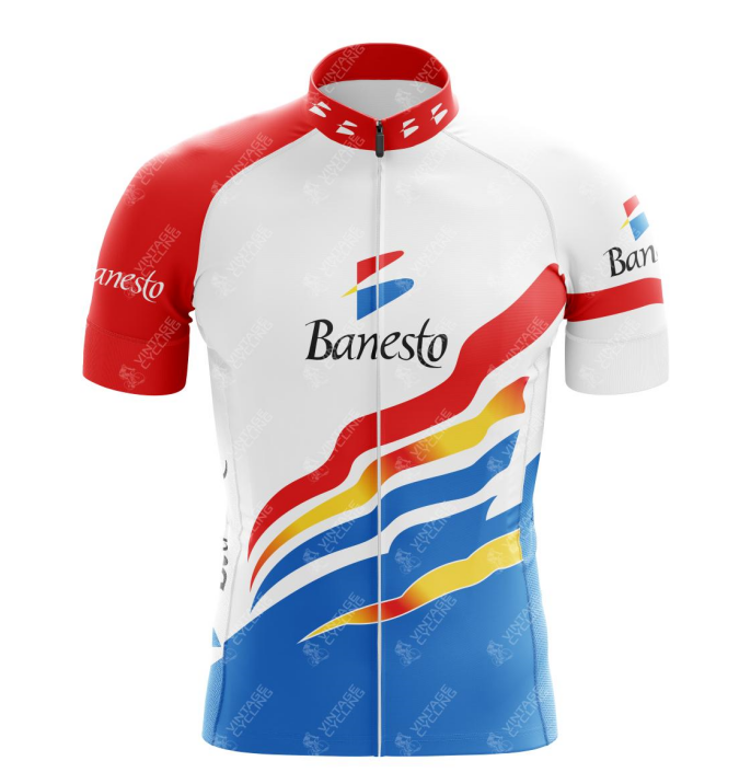 Banesto Cycling jersey 1996 Retro features Tour de France-inspired red, white, blue, and yellow design with short red and white sleeves, a front zipper, and bold wavy graphics.