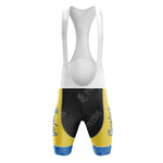 Front view of a VELDA Retro Short Sleeve Cycling Set featuring a white upper and blue, yellow, black sections on the shorts. The retro design includes faint text and logos, creating a classic cycling aesthetic.