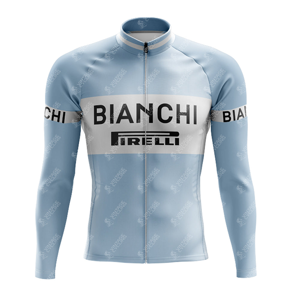 The Bianchi Blue Retro Long Sleeve Cycling Set offers style and comfort with a light blue and white jersey, bold black Bianchi on the chest and sleeves, Pirelli beneath, and a full-length front zipper.
