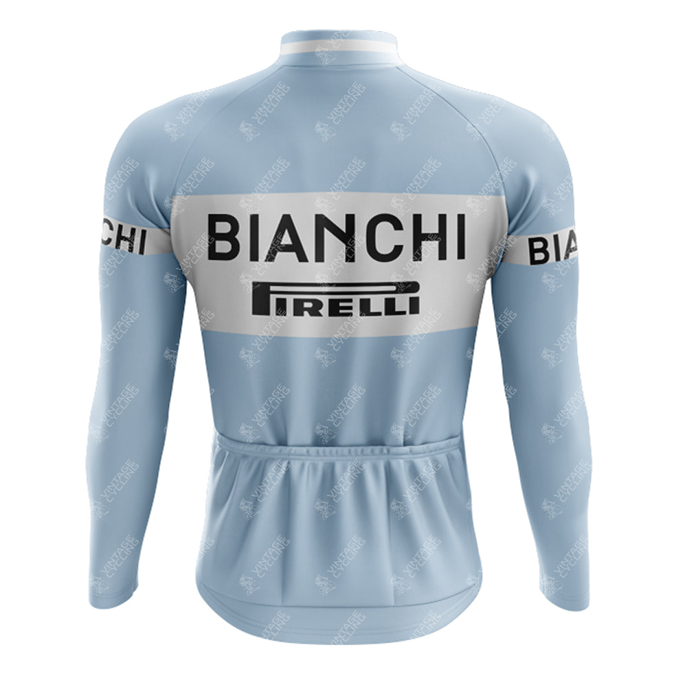 The back view of the Bianchi Blue Retro Long Sleeve Cycling Set features BIANCHI and PIRELLI logos on the back and sleeves, and includes a gel seat pad for added comfort.