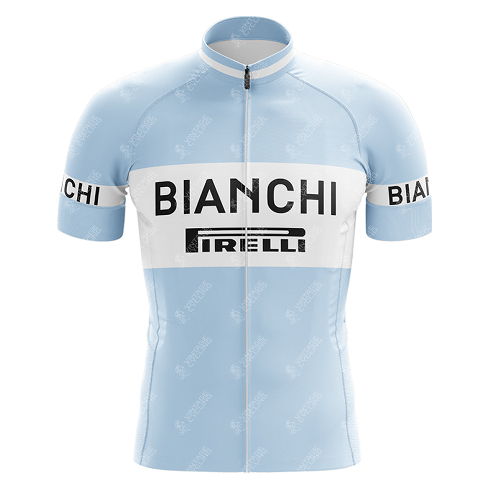 The Bianchi Blue Retro Short Sleeve Cycling Set is essential for cyclists, showcasing BIANCHI across the chest and sleeves with a PIRELLI logo. It features a full front zipper and offers a sleek, fitted design.