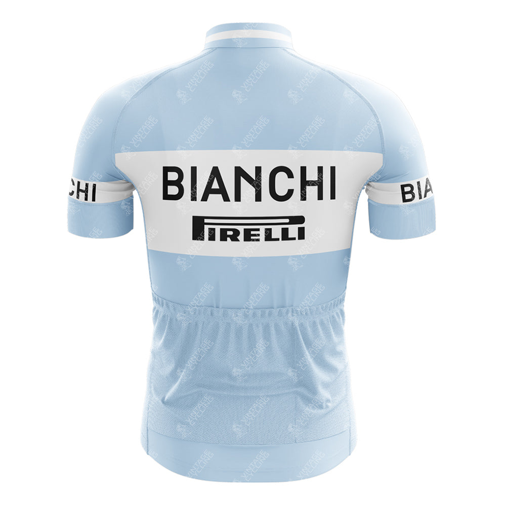 The Bianchi Blue Retro Short Sleeve Cycling Set, featuring BIANCHI and PIRELLI logos on the back and sleeves, offers a fitted design ideal for cyclists. Its short sleeves provide both comfort and style for an effortless ride.
