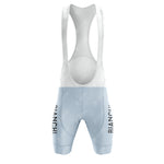 Front view of sleek Bianchi Blue Retro bib shorts from the Short Sleeve Cycling Set, featuring Bianchi on the legs, white straps, and a mesh back for breathability.