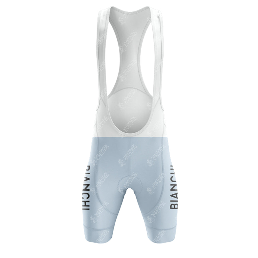 Front view of sleek Bianchi Blue Retro bib shorts from the Short Sleeve Cycling Set, featuring Bianchi on the legs, white straps, and a mesh back for breathability.