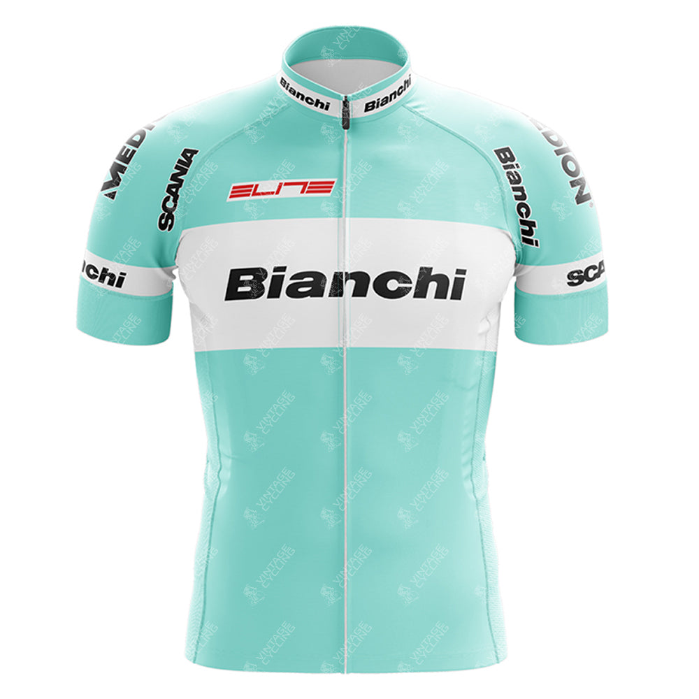 The Bianchi Grey Green Retro Short Sleeve Cycling Set prominently displays Bianchi in black on the front and sleeves. It also features Scania, ELITE, and WEDSON logos, plus a convenient front zipper.