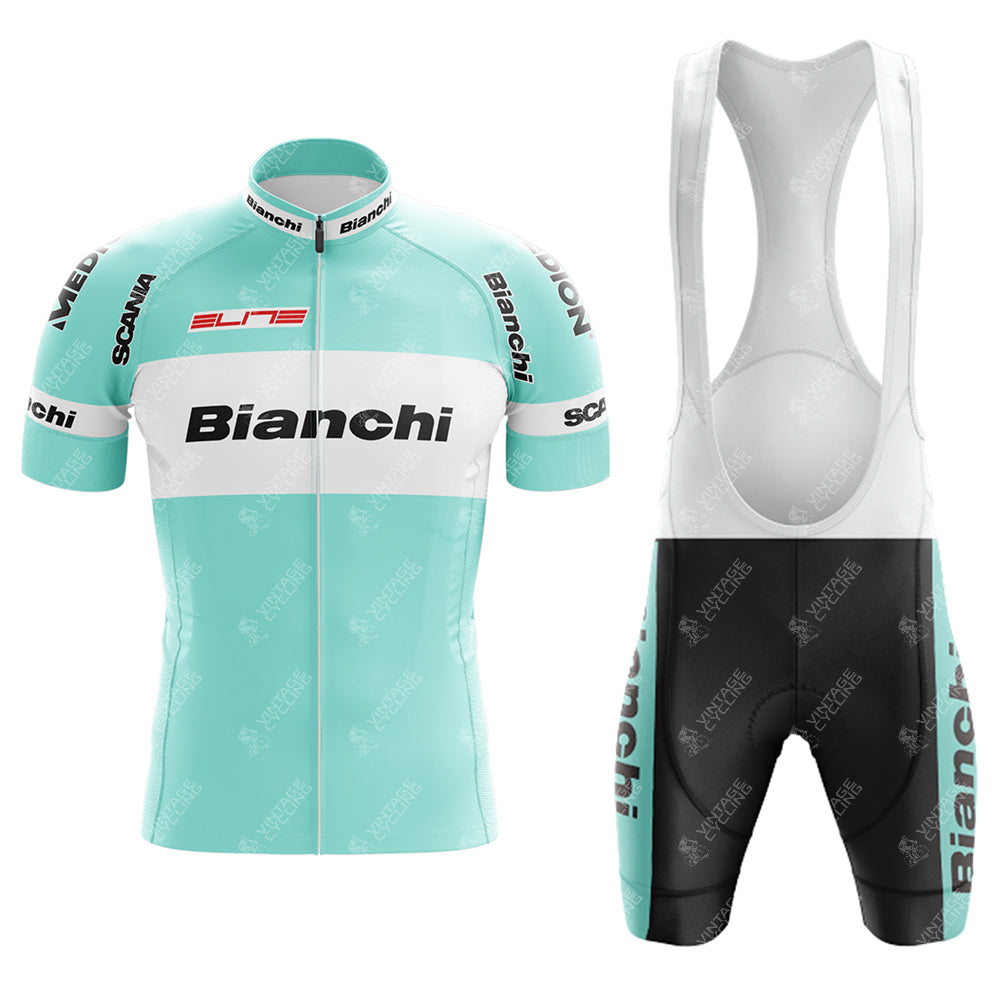 The Bianchi Grey Green Retro Cycling Set includes a teal and black short-sleeve jersey branded with Bianchi and matching black bib shorts with teal accents, all reflecting the sleek branding.